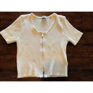 REDBERRY Ribbed Cropped Short Sleeve Zip Up Top - Yellow, Size M/L